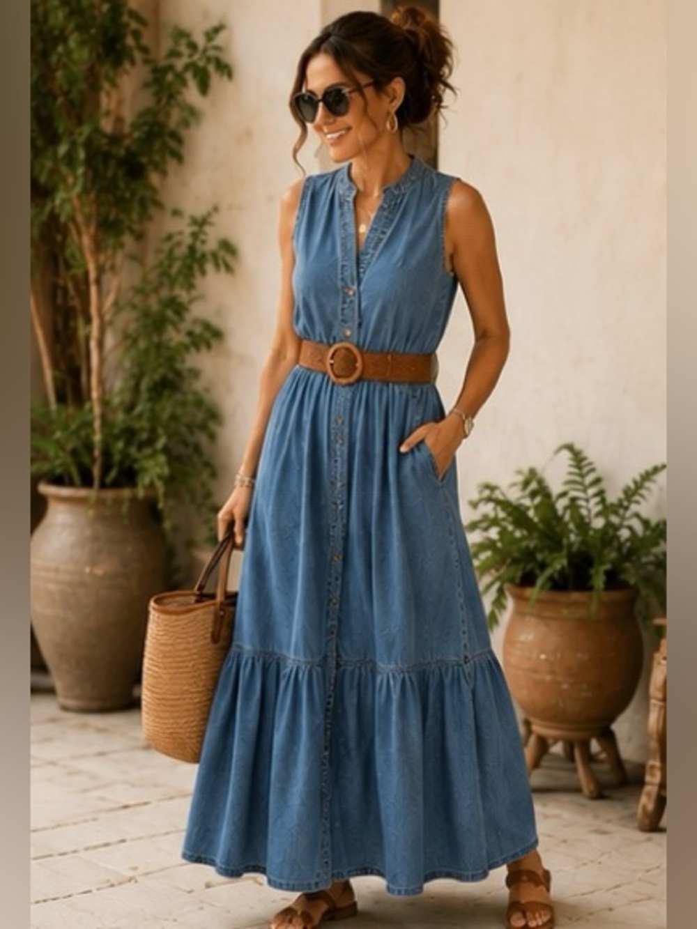 NWT ON 34TH Denim Tiered Midi Dress Size M Button Front Pockets